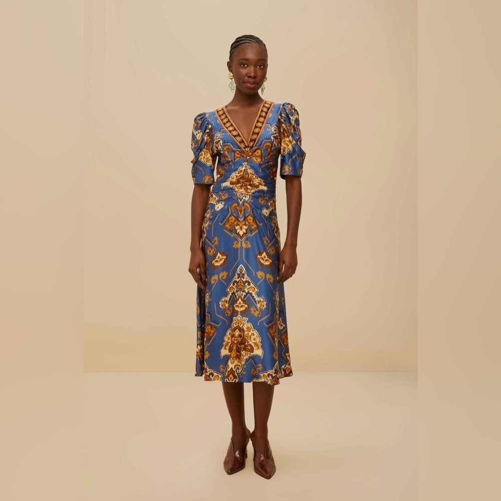 Farm Rio: Blue Ornament Floral Midi Dress